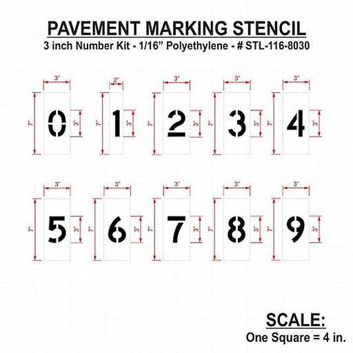 RAE STL - 116 - 8030 Pavement Stencil 0 to 9/Blanks, 3 in Character Ht, 2 in Character Wd, Polyethylene - ZenverasKV18E689