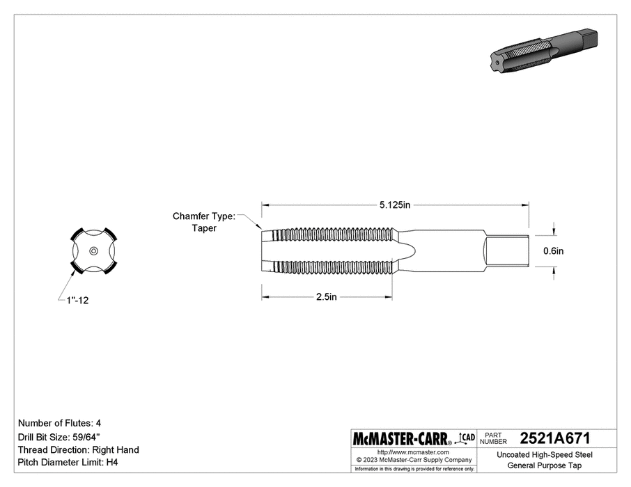 McMaster 2521A671 Uncoated High-Speed Steel Tap Taper Chamfer, 1"-12 Thread Size, 2-1/2" Thread Length