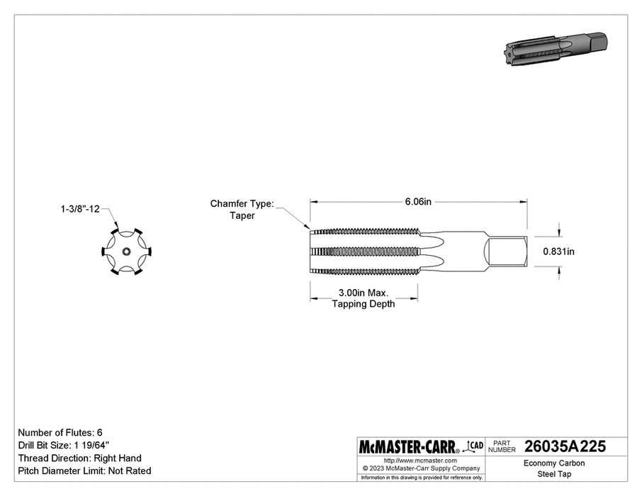 McMaster 26035A225 Carbon Steel Tap Taper Chamfer, 1-3/8"-12 Thread Size, 3" Thread Length
