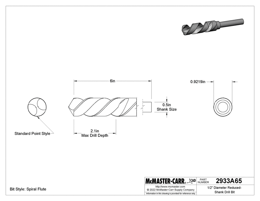 McMaster 2933A65 1/2" Diameter Reduced-Shank Drill Bit Black-Oxide High-Speed Steel, 59/64" Size