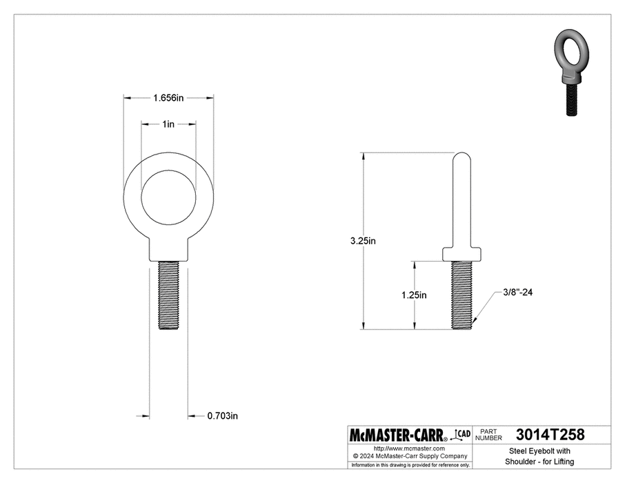 McMaster 3014T258 Eye Bolt With Shoulder 3/8"-24 Thread Size, 1-1/4" Thread Length