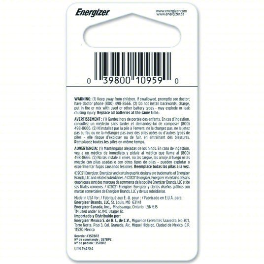 Energizer 357BPZ Button Cell Battery 357 Battery Size, Silver Oxide, 138 mAh Capacity, 1.5V DC - ZenverasKV45EJ87