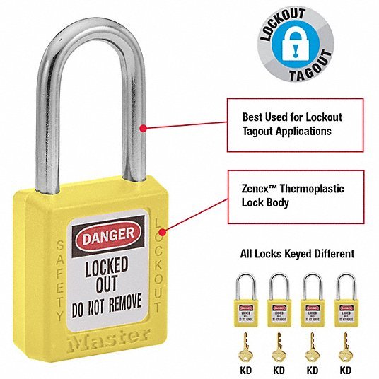 Master Lock 410YLW Lockout Padlock Keyed Different, Thermoplastic, Std Body Body Size, Metal, Yellow - ZenverasKV4FG05