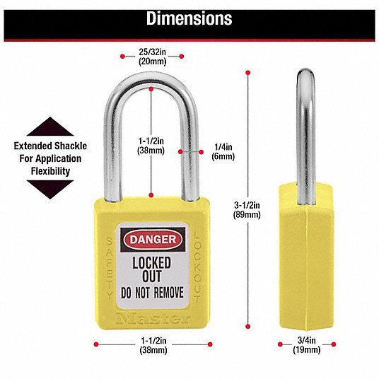 Master Lock 410YLW Lockout Padlock Keyed Different, Thermoplastic, Std Body Body Size, Metal, Yellow - ZenverasKV4FG05