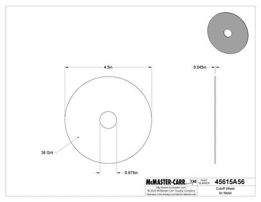 McMaster 45615A56 Cutoff Wheel for Metal 4-1/2" Diameter, 0.045" Thick, 13, 580 rpm, 36 Grit