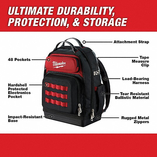 Milwaukee 48 - 22 - 8201 Tool Backpack 18 in W 9 7/16 in D 20 3/8 in H, Ballistic Nylon, Red, 46 Inside Pockets - ZenverasKV416P44