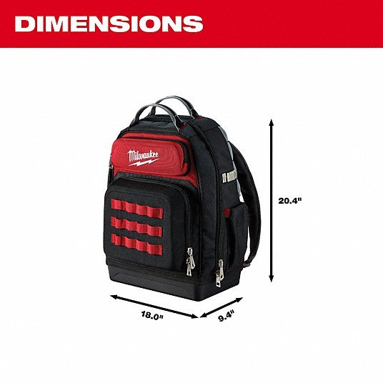Milwaukee 48 - 22 - 8201 Tool Backpack 18 in W 9 7/16 in D 20 3/8 in H, Ballistic Nylon, Red, 46 Inside Pockets - ZenverasKV416P44