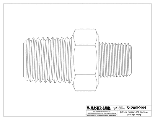 McMaster 51205K191 Extreme-Pressure 316 Stainless Steel Pipe Fitting Straight Reducer with Hex Body, 1/4 x 1/8 NPTF Male