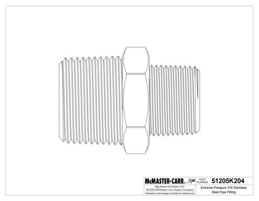 McMaster 51205K204 Extreme-Pressure 316 Stainless Steel Pipe Fitting Straight Reducer with Hex Body, 1 x 3/4 NPTF Male