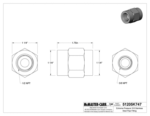 McMaster 51205K747 Extreme-Pressure 316 Stainless Steel Pipe Fitting Straight Reducer, 1/2 x 3/8 NPT Female