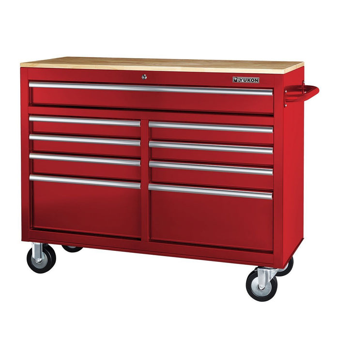 KVM Tools Yukon KV57805 46 in. 9 Drawer Mobile Storage Cabinet with Solid Wood Top, Red - ZenverasKV57805