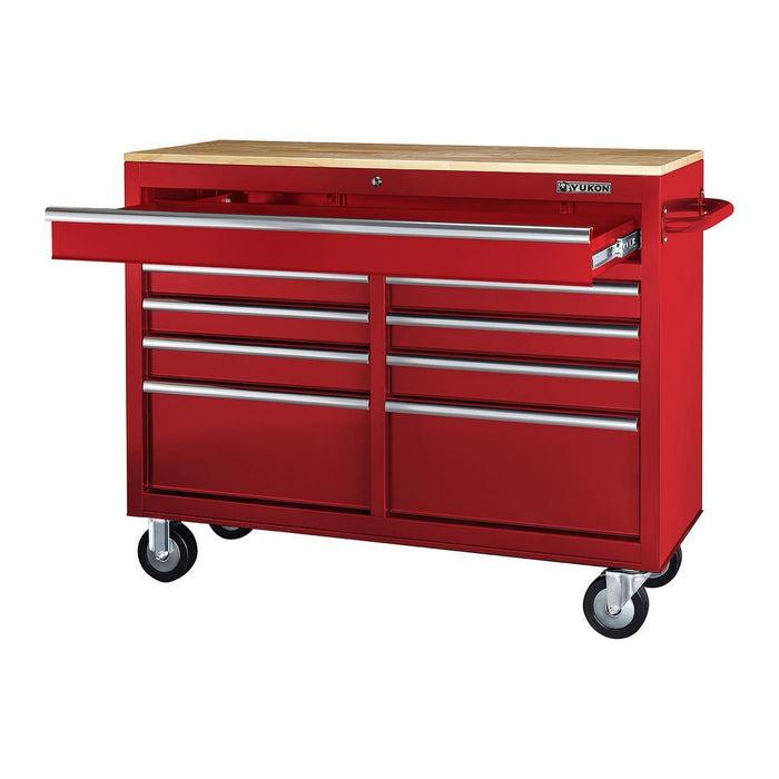 KVM Tools Yukon KV57805 46 in. 9 Drawer Mobile Storage Cabinet with Solid Wood Top, Red - ZenverasKV57805
