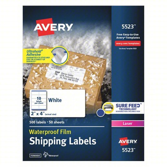 Avery 727825523 Laser Label 5523, White, 2 in Ht, 4 in Wd, 10 Labels per Sheet, 5 Pkg of 500 - ZenverasKV5NHH3