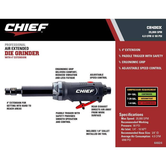 KVM Tools Chief CH4DGX Pneumatic 1/4 In. Professional Die Grinder with 4 In. Extension - ZenverasKV64624