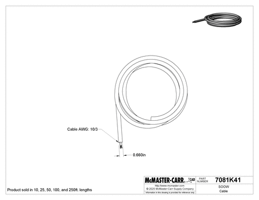 McMaster 7081K41 SOOW Cable Black Outer Insulation, 10 Gauge, 3 Wires