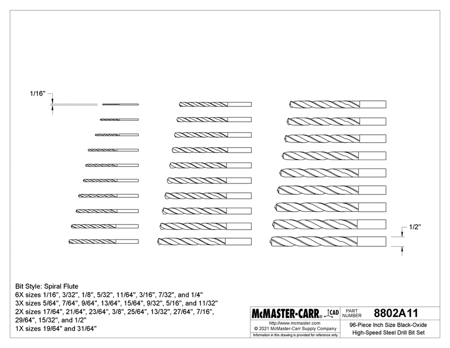 McMaster 8802A11 96-Piece Inch Size Black-Oxide High-Speed Steel Drill Bit Set