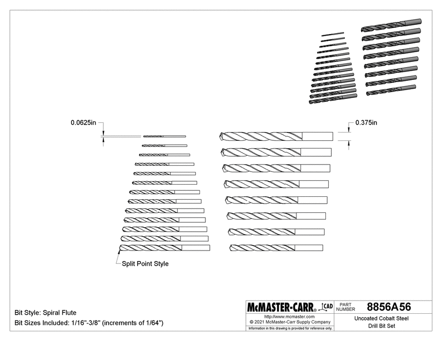 McMaster 8856A56 Uncoated Cobalt Steel Drill Bit Set 21 Pieces