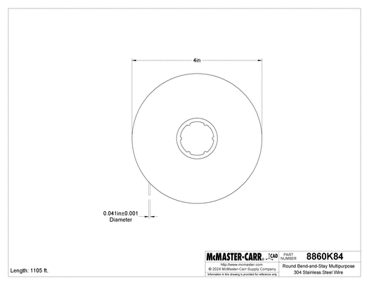 McMaster 8860K84 Round Bend-and-Stay Multipurpose 304 Stainless Steel Wire Matte Finish, 5-lb. Spool, 0.041" Diameter