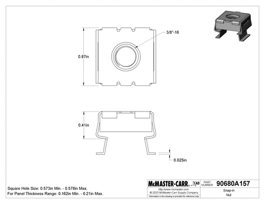 McMaster 90680A157 Snap-in Nut Zinc-Plated Steel, 3/8"-16 Size, for 0.162"-0.21" Thick Panel