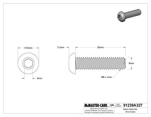 McMaster 91239A327 Button Head Hex Drive Screw Black-Oxide Alloy Steel, M6 x 1.00 mm Thread, 25 mm Long