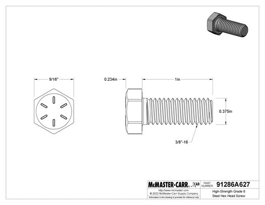 McMaster 91286A627 High-Strength Grade 8 Steel Hex Head Screw Zinc-Flake Coated, 3/8"-16 Thread Size, 1" Long PK25