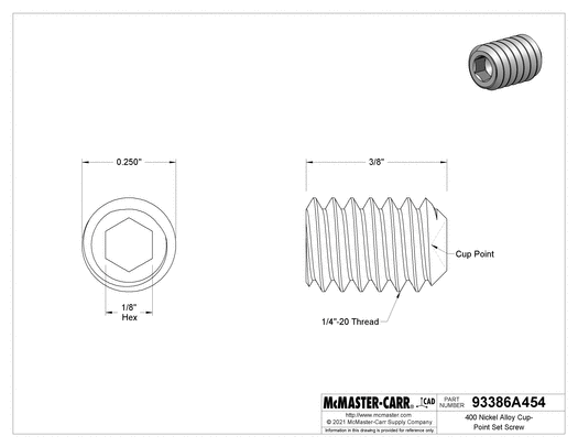 McMaster 93386A454 400 Nickel Alloy Cup-Point Set Screw 1/4"-20 Thread, 3/8" Long