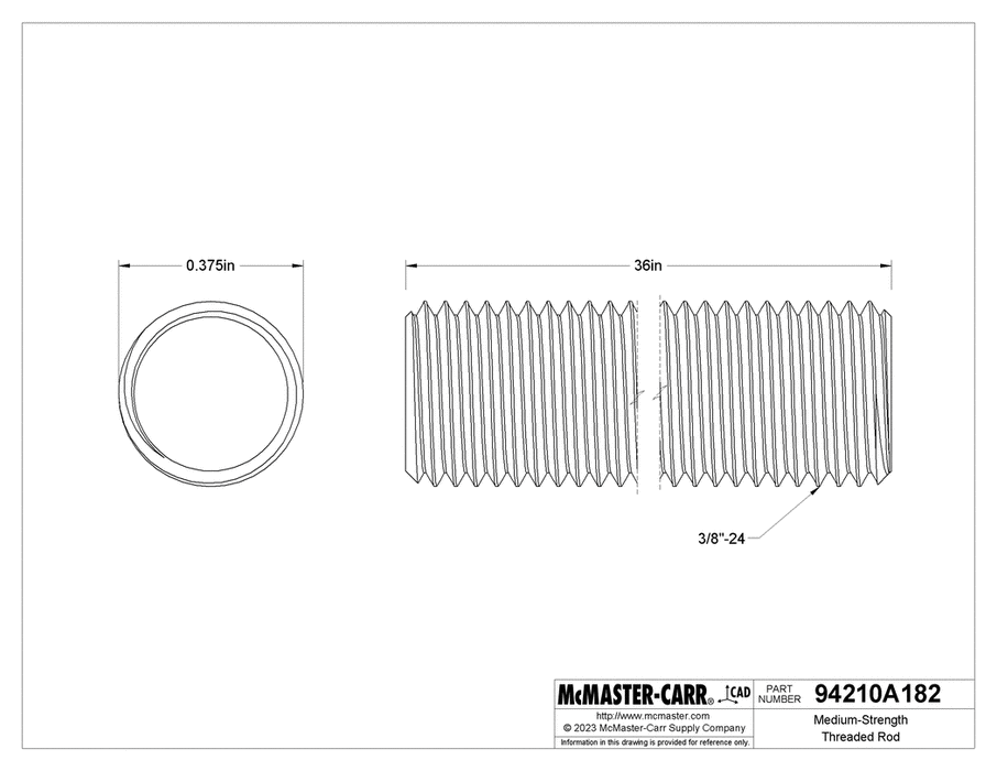 McMaster 94210A182  Medium-Strength Threaded Rod, Black-Oxide Grade B7 Steel, 3/8"-24 Thread Size, 3 Feet Long