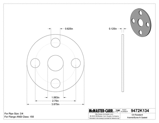 McMaster 9472K632 Oil-Resistant Aramid-Reinforced Buna-N Gasket with Bolt Holes, for 3/4 Pipe Size, ANSI Class 150, Thickness 1/8 in
