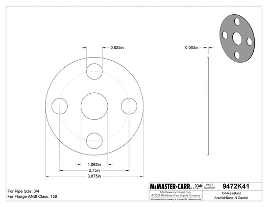 McMaster 9472K632 Oil-Resistant Aramid-Reinforced Buna-N Gasket with Bolt Holes, for 3/4 Pipe Size, ANSI Class 150, 1/16 in Thickness