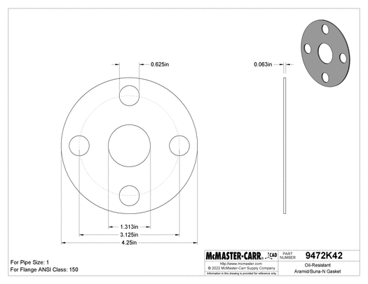 McMaster 9472K633 Oil-Resistant Aramid-Reinforced Buna-N Gasket with Bolt Holes, for 1 Pipe Size, ANSI Class 150 1/16 in thickness