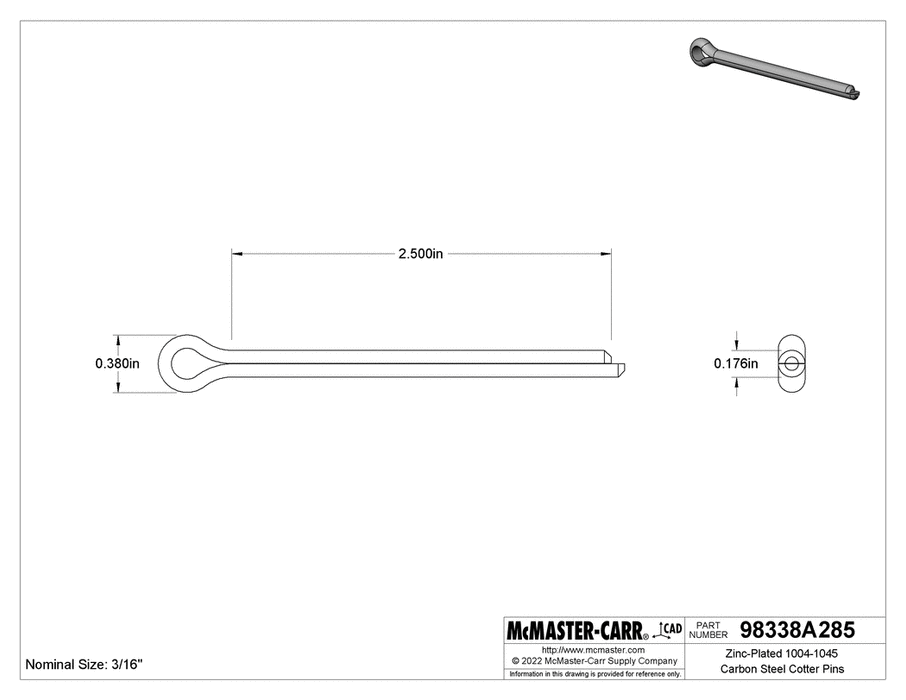 McMaster 98338A285 Zinc-Plated Carbon Steel Cotter Pins 3/16" Diameter, 2-1/2" Long PK50