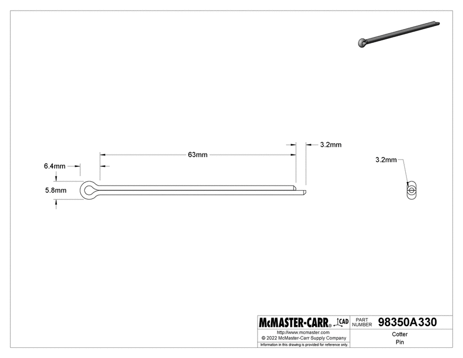 McMaster 98350A330 Cotter Pin Zinc-Plated Spring Steel, 3.2 mm Diameter, 63 mm Long PK25