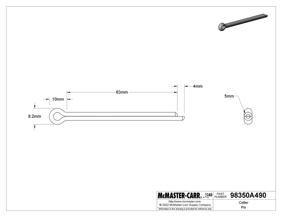 McMaster 98350A490 Cotter Pin Zinc-Plated Spring Steel, 5 mm Diameter, 63 mm Long