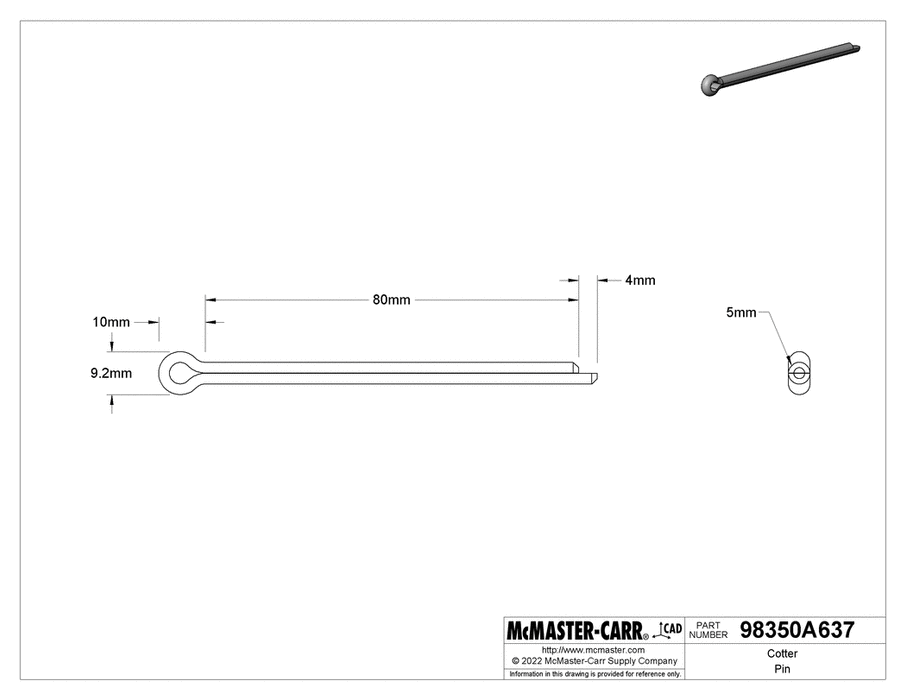 McMaster 98350A637 Cotter Pin Zinc-Plated Spring Steel, 5 mm Diameter, 80 mm Long