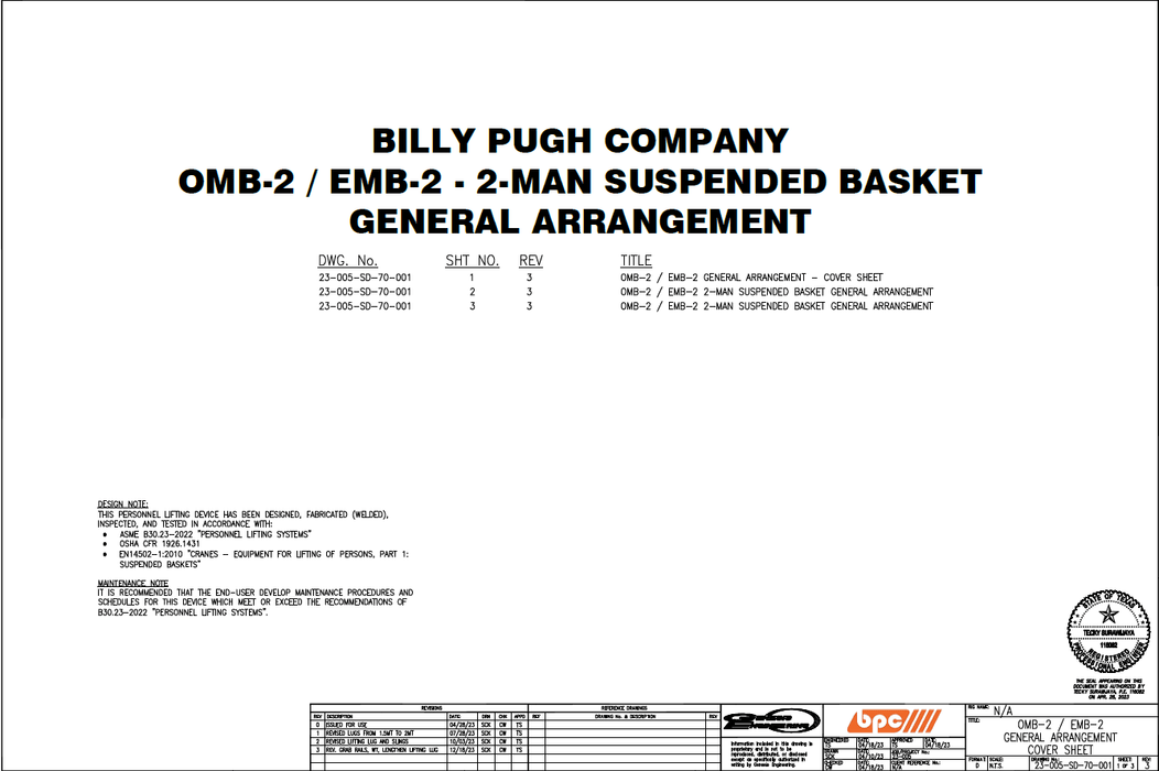 Billy Pugh OMB-2 (2) Person OSHA Man Basket 4' x 4' x 7' Sling Sold Separately - ZenverasKVOMB-2