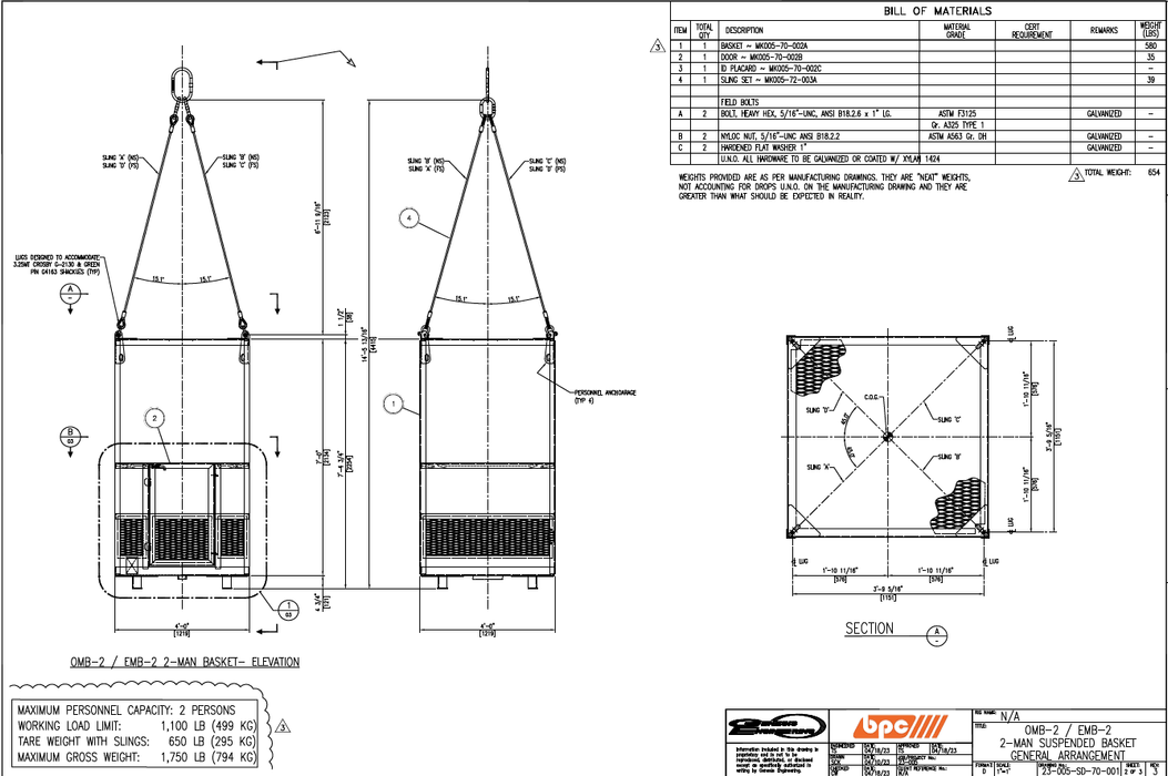 Billy Pugh OMB-2 (2) Person OSHA Man Basket 4' x 4' x 7' Sling Sold Separately - ZenverasKVOMB-2